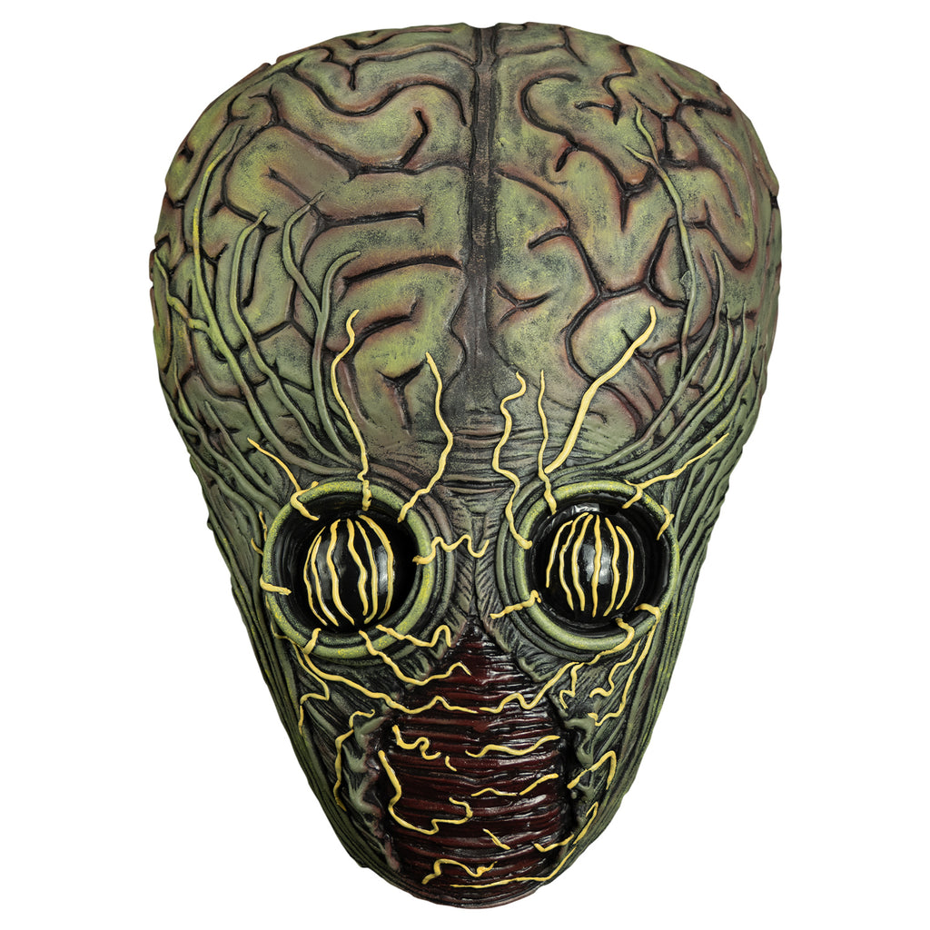 Mask, front view.  Gray flesh. pale yellow and gray veins on forehead eyes and face.  enlarged brain textured upper head .  large round all black eyes with vertical yellow veins on the surface. wrinkled skin around eyes.  dark red  wrinkled flesh in area from where the nose would be down to the chin