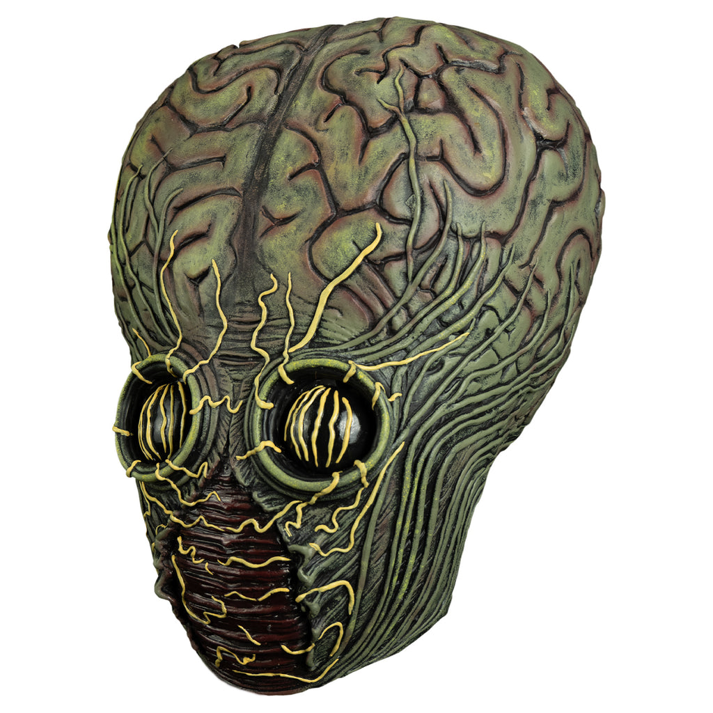 Mask, left view.  Gray flesh. pale yellow and gray veins on forehead eyes and face.  enlarged brain textured upper head .  large round all black eyes with vertical yellow veins on the surface. wrinkled skin around eyes.  dark red  wrinkled flesh in area from where the nose would be down to the chin