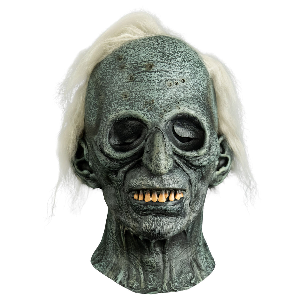 mask, front view, head and neck.  stringy white hair, gray wrinkled and distressed skin, empty eye sockets, thin lips, yellowed top teeth showing.