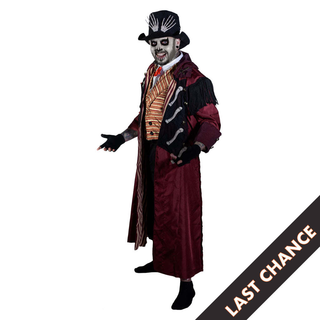white background, black diagonal banner bottom right corner, white text reads, last chance. Dr. Death costume, man, black top hat, white face, full beard. wearing long red and black coat, white shirt, yellow and black striped vest, red bowtie, black pants, black shoes, black fingerless gloves.