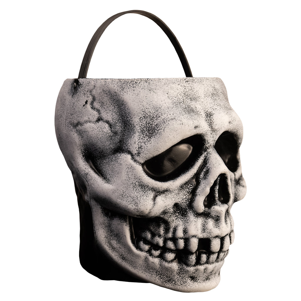 right view skull candy pail. White skull face. black and gray shading. Black handle at top.