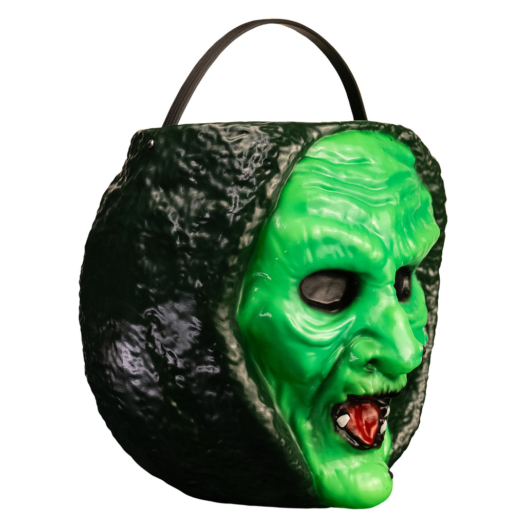 right view witch face candy pail. bright green face with warts, red mouth, dark green hood. Black handle at top.