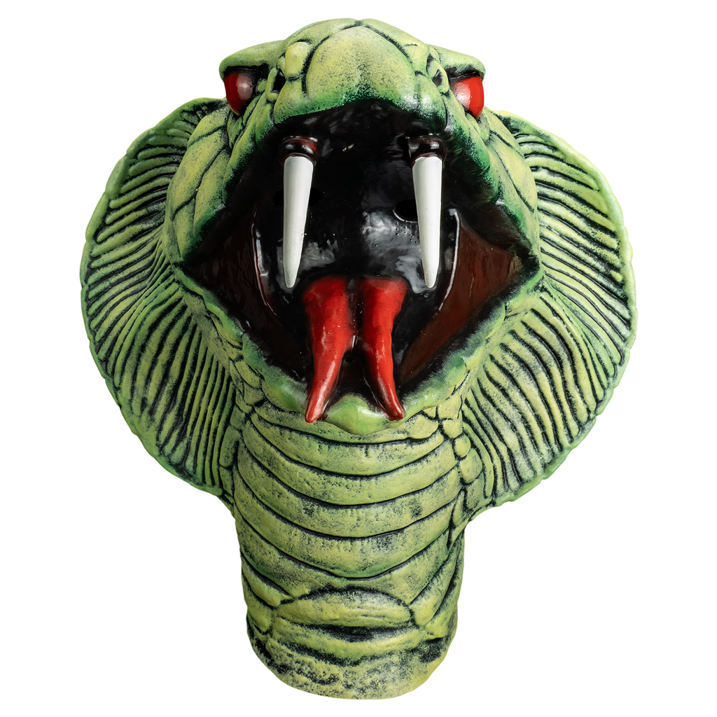 Mask, front view.  Cobra head and neck.  pale green with red eyes, defined scales on face hood and neck, mouth open showing large upper fangs and red forked tongue