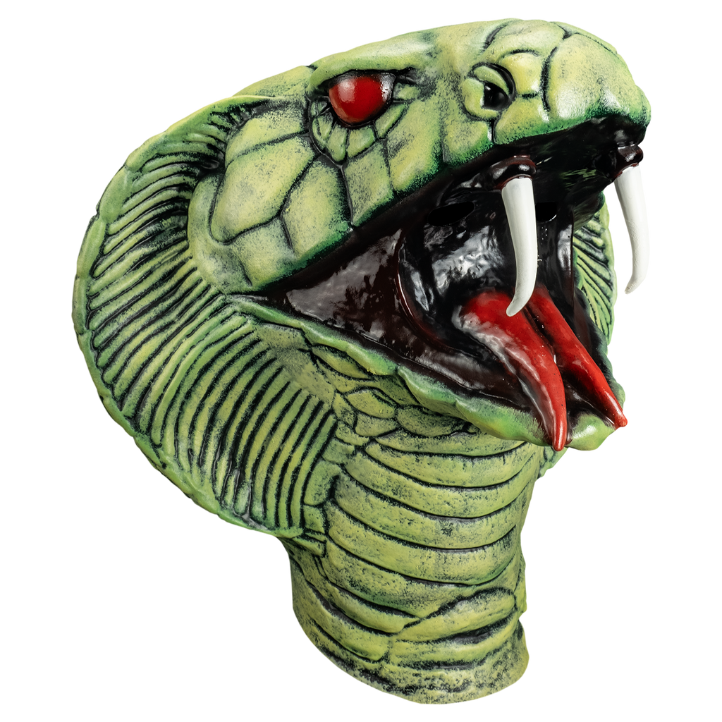 Mask, right view.  Cobra head and neck.  pale green with red eyes, defined scales on face hood and neck, mouth open showing large upper fangs and red forked tongue