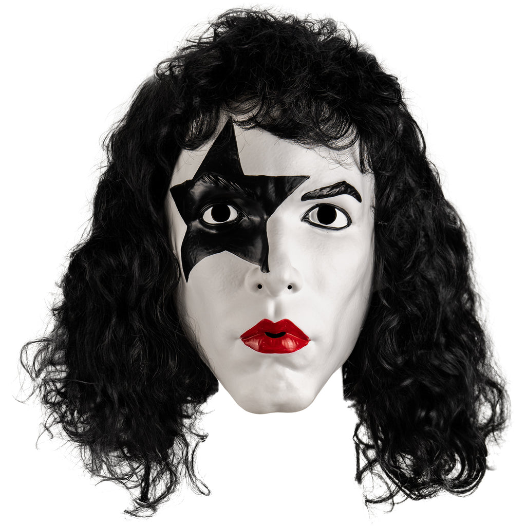 Kiss Starchild plastic mask front view.  Long black curly hair with bangs, white face, black star painted over right eye.  Black eyebrow and eye with black eyeliner on left eye, bright red lipstick