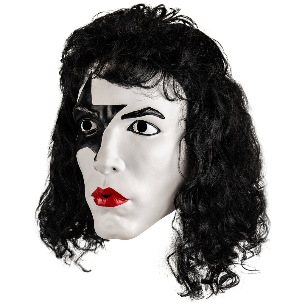 Kiss Starchild plastic mask left side view. Long black curly hair with bangs, white face, black star painted over right eye. Black eyebrow and eye with black eyeliner on left eye, bright red lipstick