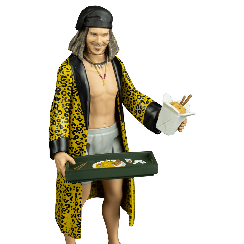 Drexel figure, right view. Man, scars on face, shoulder length brown hair, black bandana on head, thin mustache and beard with soul patch, wearing two necklaces, white boxer shorts, yellow cheetah print robe with black trim, no shirt or shoes.  Chinese food takeout box with food and chopsticks inside, in left hand, gray food tray in right hand.