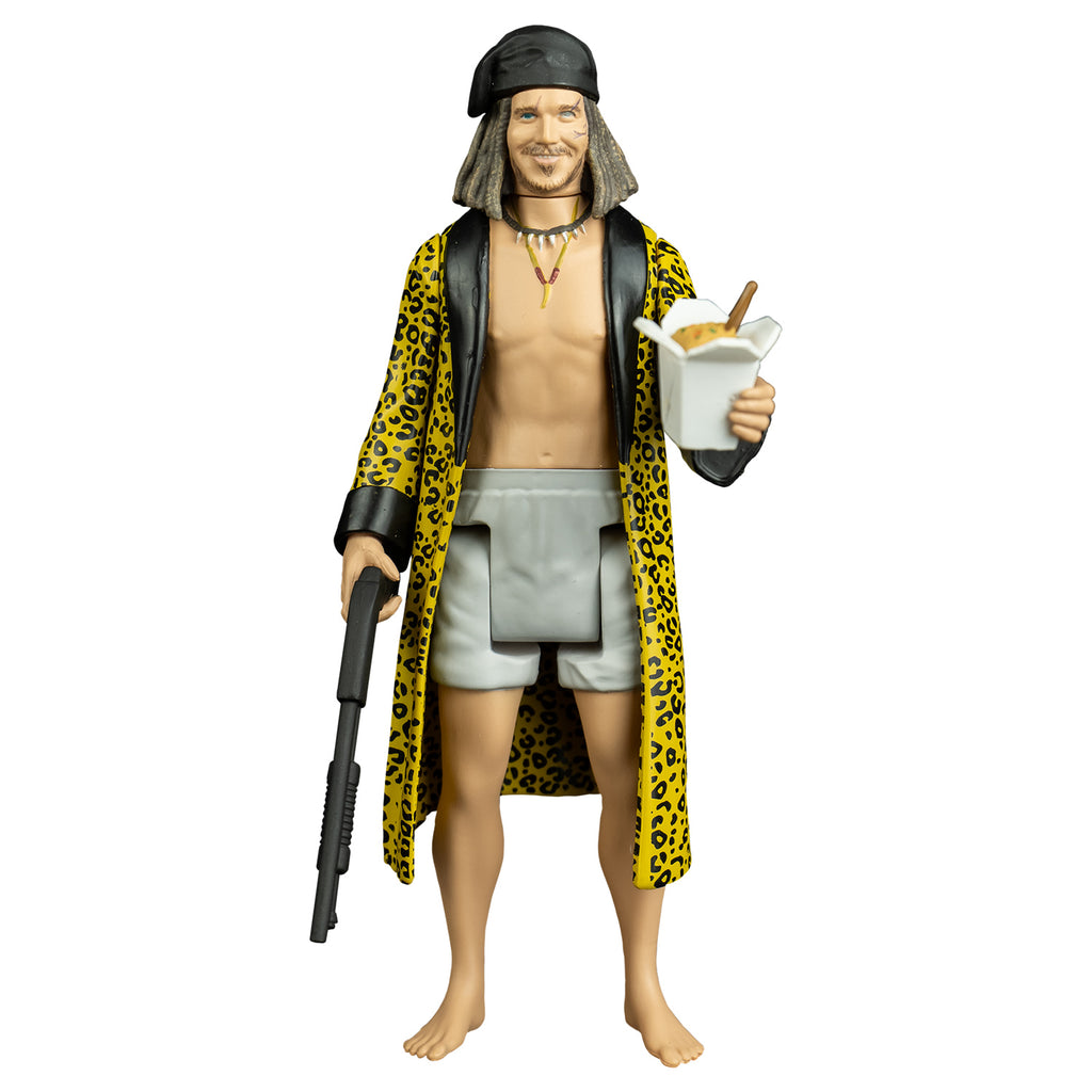 Drexel figure, front view. Man, scars on face, shoulder length brown hair, black bandana on head, thin mustache and beard with soul patch, wearing two necklaces, white boxer shorts, yellow cheetah print robe with black trim, no shirt or shoes.  Chinese food takeout box with food and chopsticks inside in left hand, shotgun in right hand.