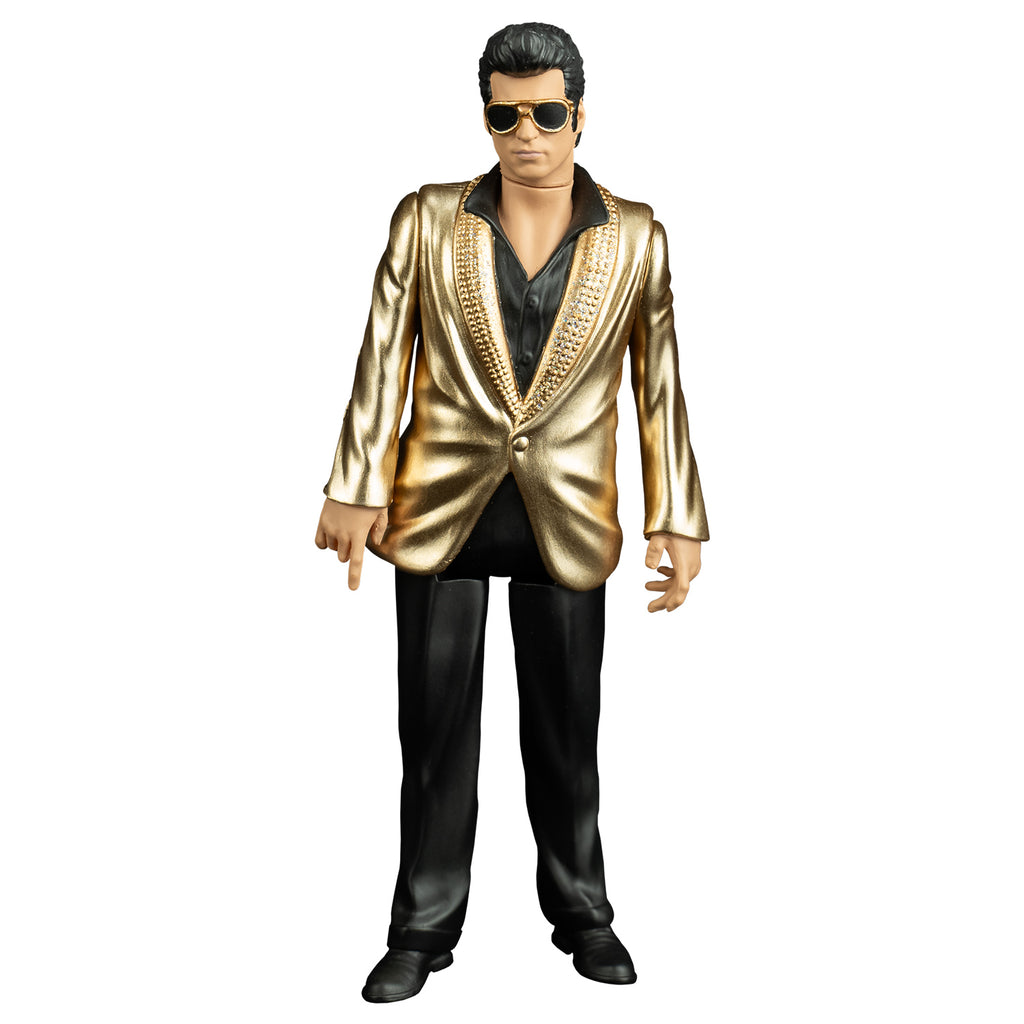 True romance Mentor figure, front view. Man, slicked-back short black hair, gold-rimmed black sunglasses, wearing black dress shirt, pants and shoes, Shiny gold suit coat.  