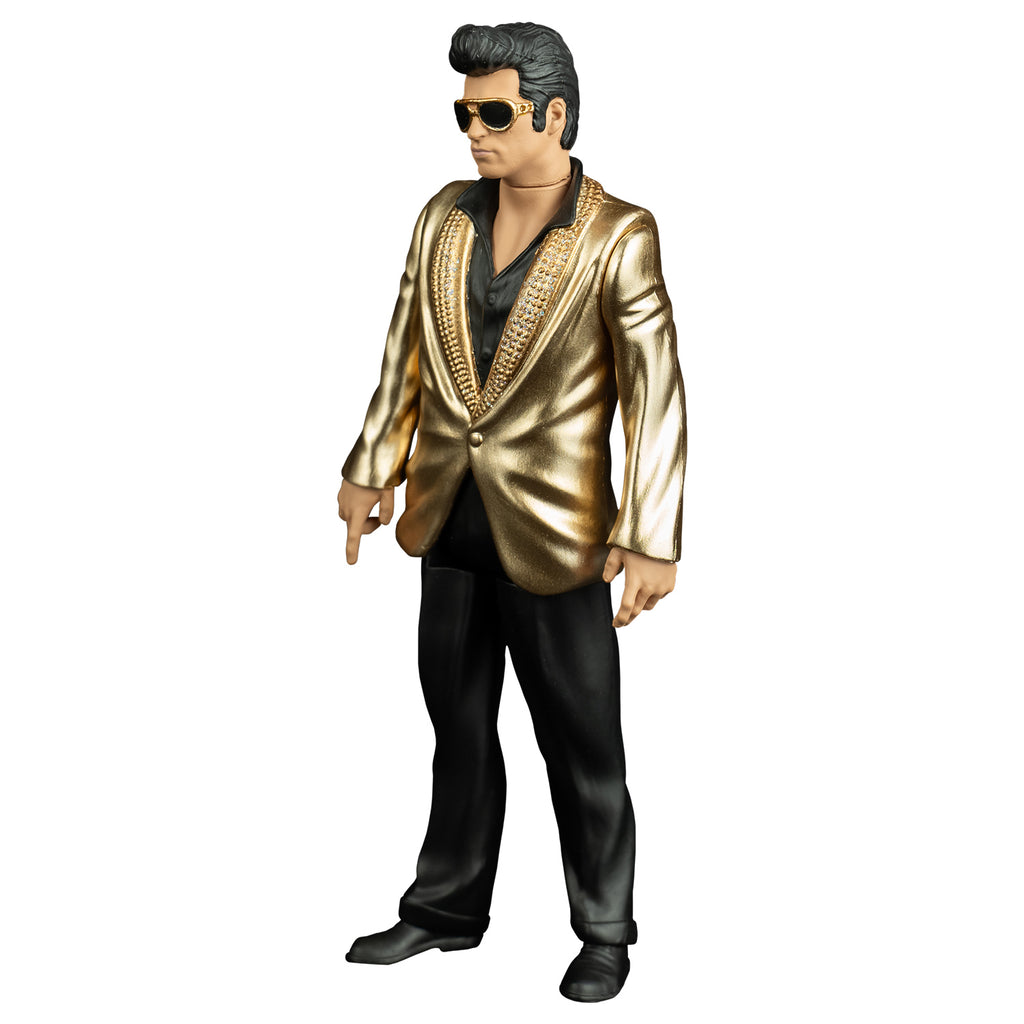 True romance Mentor figure, left view. Man, slicked-back short black hair, gold-rimmed black sunglasses, wearing black dress shirt, pants and shoes, Shiny gold suit coat.  