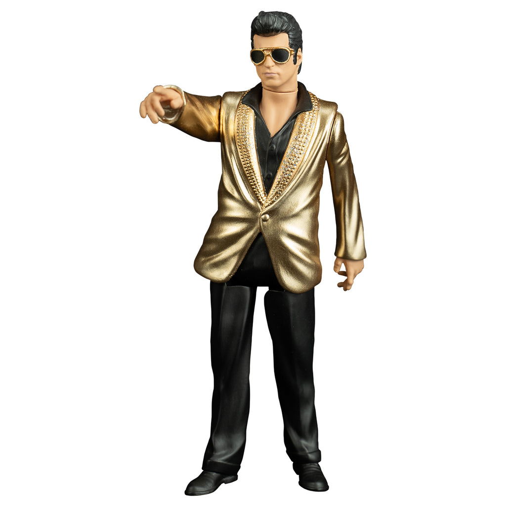 True romance Mentor figure, front view. Man, slicked-back short black hair, gold-rimmed black sunglasses, wearing black dress shirt, pants and shoes, Shiny gold suit coat.  right arm raised, index finger pointing forward.