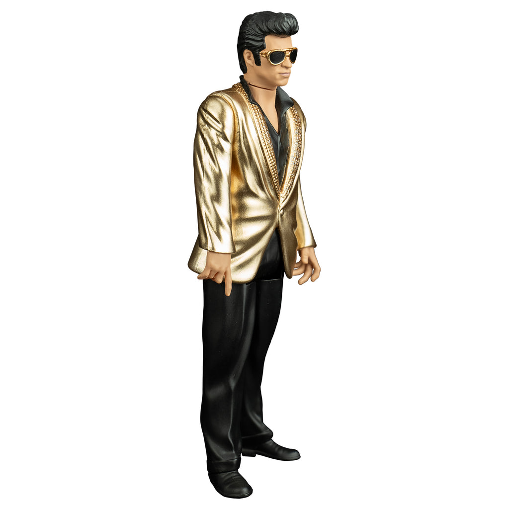 True romance Mentor figure, right view. Man, slicked-back short black hair, gold-rimmed black sunglasses, wearing black dress shirt, pants and shoes, Shiny gold suit coat.  