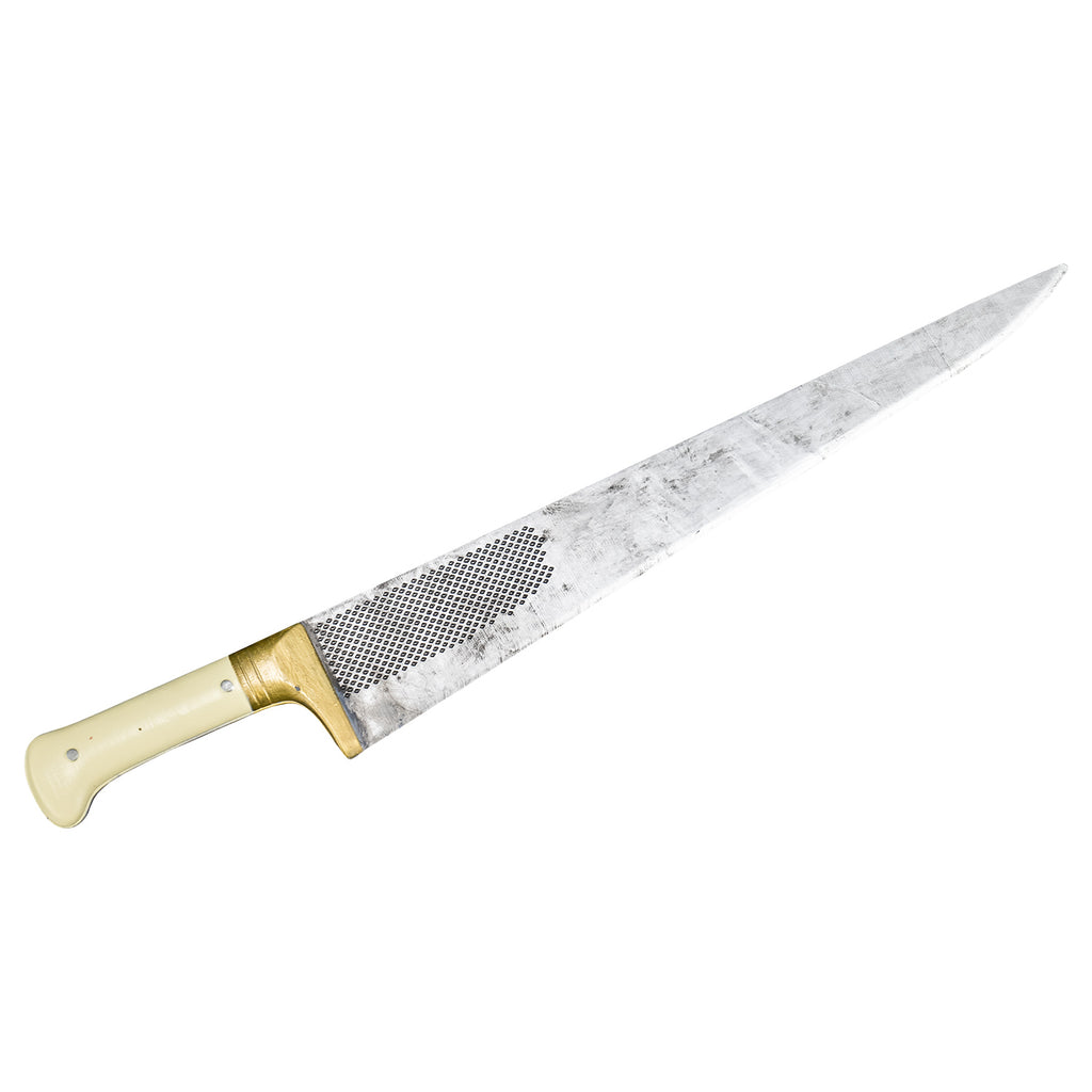 Knife prop.  cream colored and brass handle, long silver blade