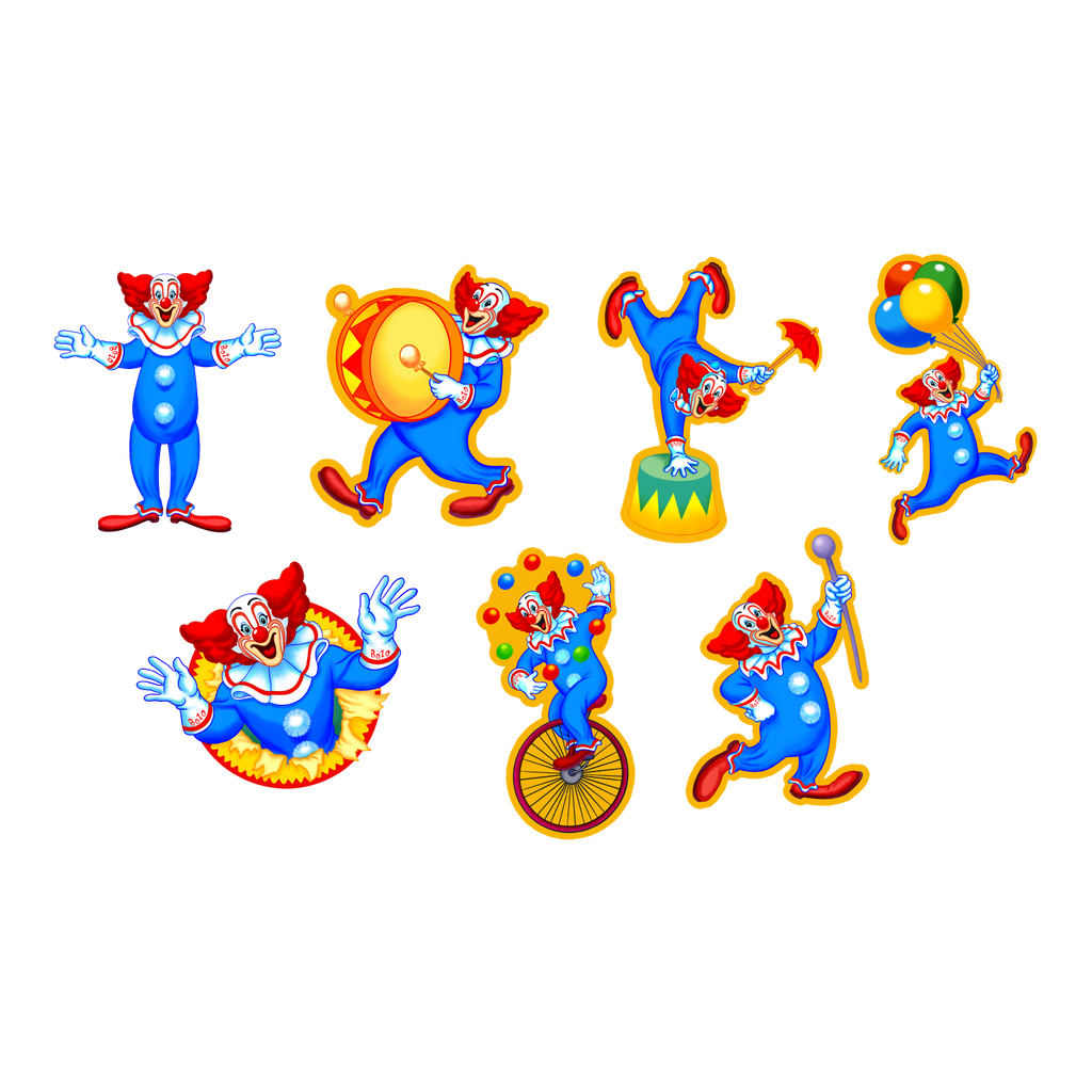 wall decor, 7 pieces, various clown designs.  colored white, yellow, red, blue, and green