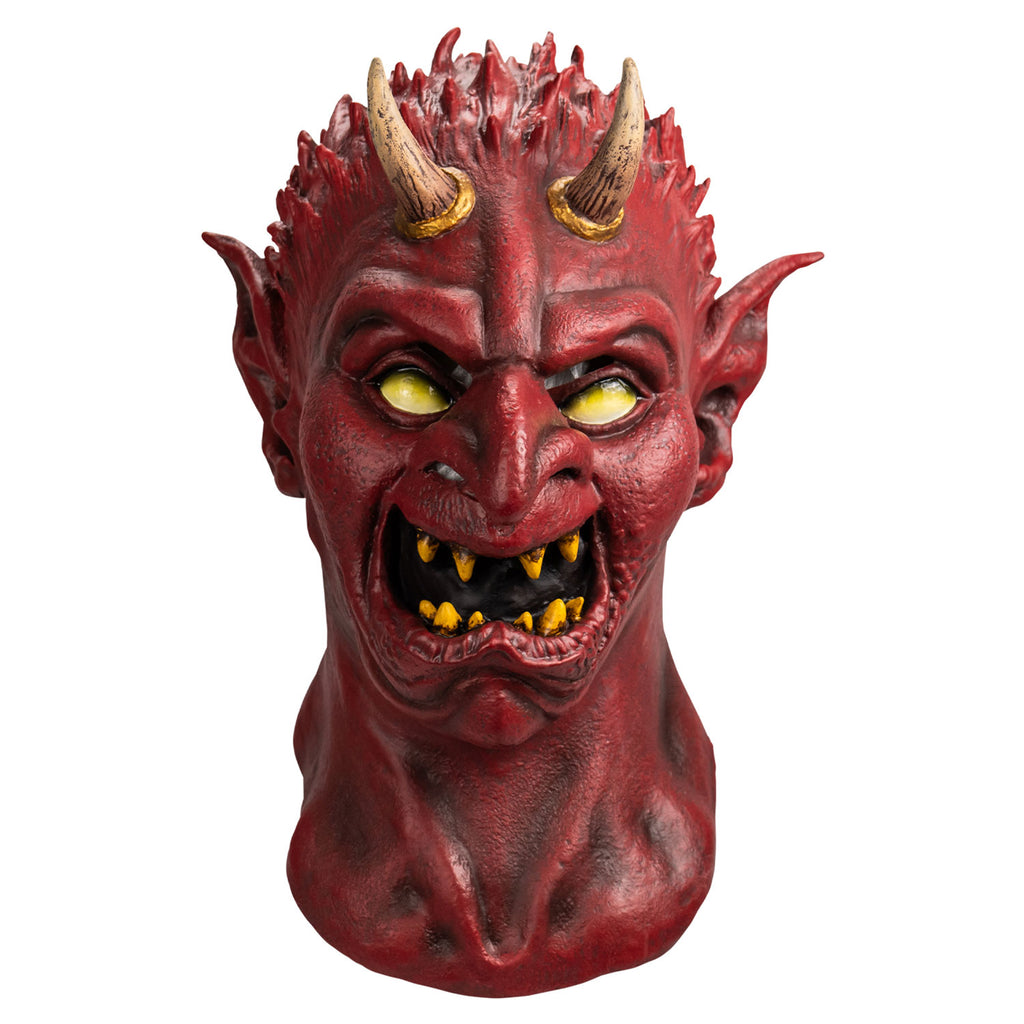 Mask, front view, head and neck.  Red flesh, small red spikes on head like hair, two tan horns at top of forehead, no eyebrows, pointed ears, yellow eyes, large pointed nose, mouth open in a sneer, sharp yellow teeth.