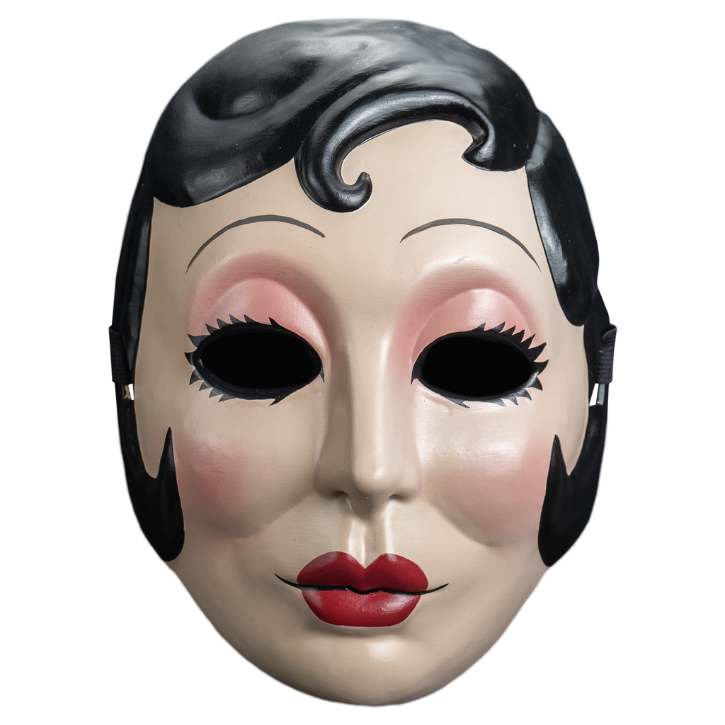 Plastic face mask, front view. Woman's face, short black hair with curl on right side of forehead and at cheeks. Thin penciled eyebrows, empty eye holes, spiky black eyelashes, pink eye shadow. Small round red lips.
