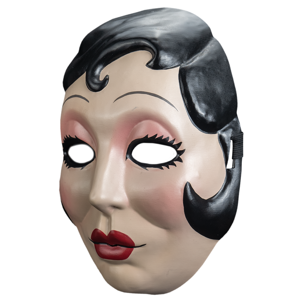 Plastic face mask, left view. Woman's face, short black hair with curl on right side of forehead and at cheeks. Thin penciled eyebrows, empty  eye holes, spiky black eyelashes, pink eye shadow. Small round red lips.