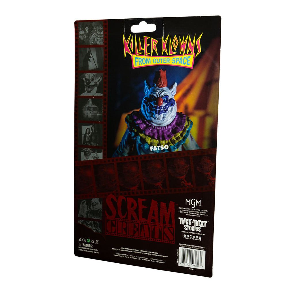 Product packaging, back view. movie theme illustrated backer card. red and yellow text reads Killer Klowns, blue text on yellow reads from outer space, white text reads Fatso. Red text reads Scream Greats. trick or treat studios manufacturing and licensing information, warnings and age recommendations