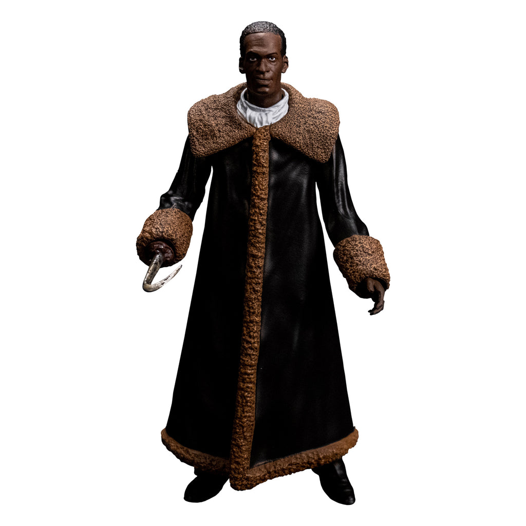 Candyman figure front view.  Man short brown hair, brown skin.  wearing a white shirt under a full-length black leather coat with tan fur-trimmed large collar and cuffs. black boots and a hook for his right hand. 