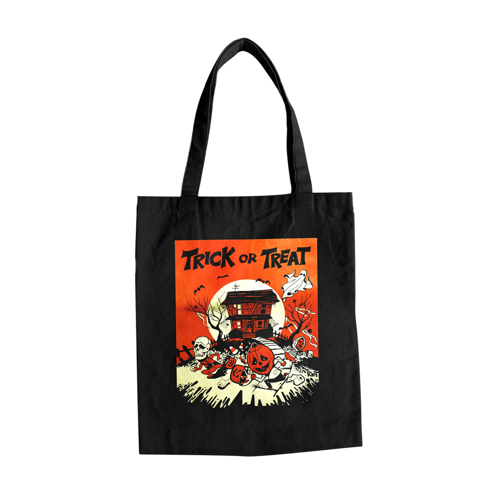 Black canvas bag. Illustration, orange, black and white, 3 trick or treaters, white moon and black bats on orange background. Text reads Trick or Treat.