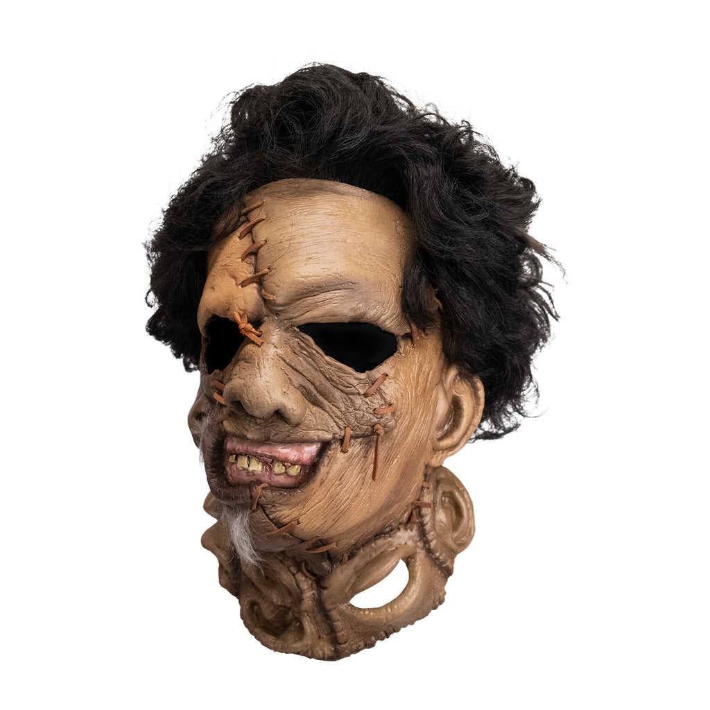 Leatherface latex mask with hair and leather stitches, side view