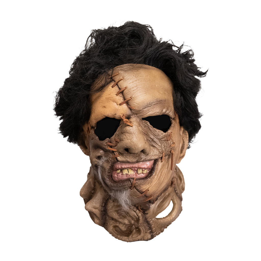Leatherface latex mask with hair and leather stitches, front view