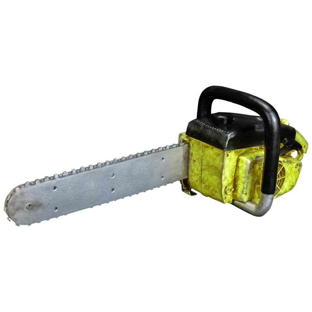 Chainsaw prop.  Distressed weathered yellow and black body.  Black and silver handle.  Silver bar and chain.