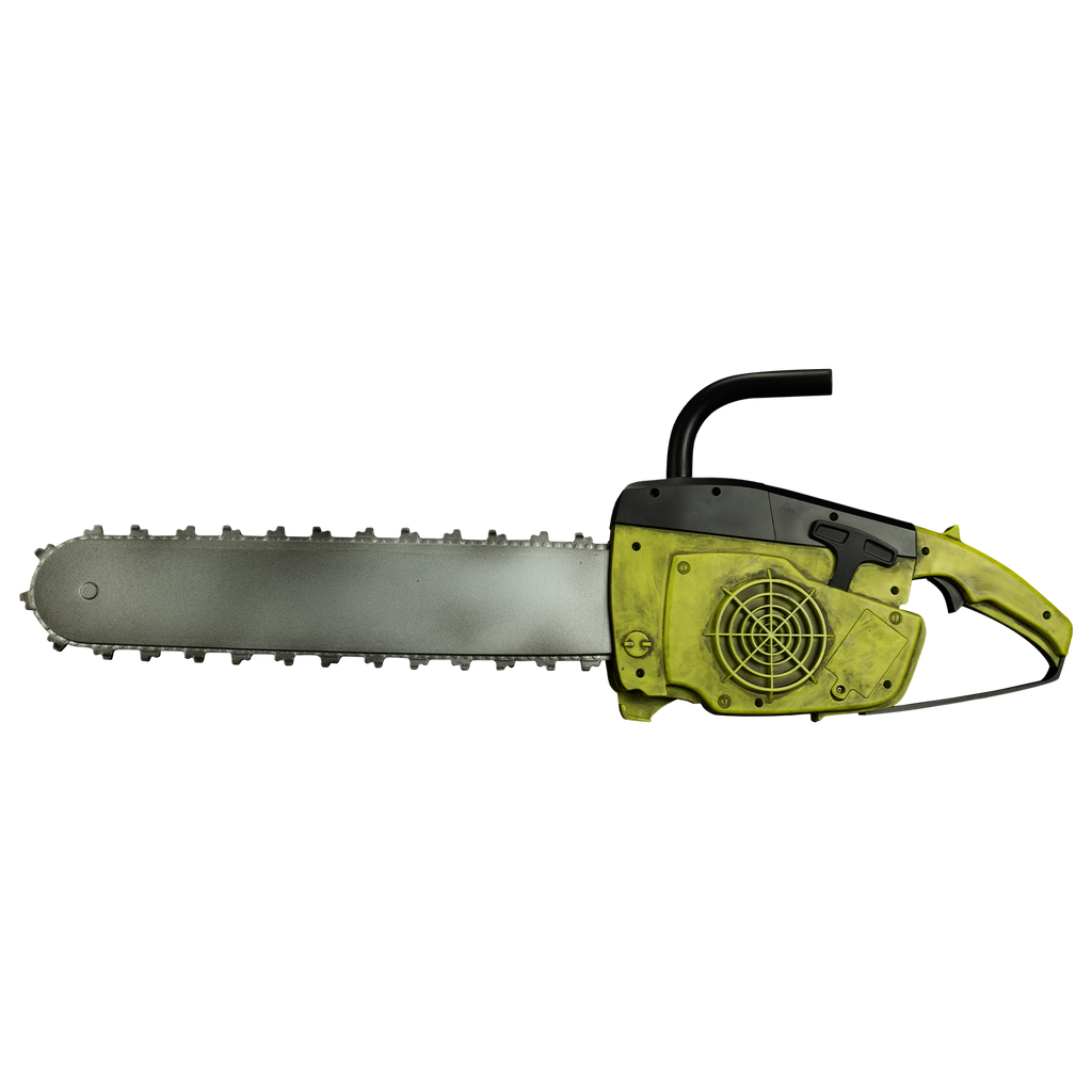 Chainsaw prop.  Distressed weathered yellow and black body.  Black handle.  Silver bar and chain.