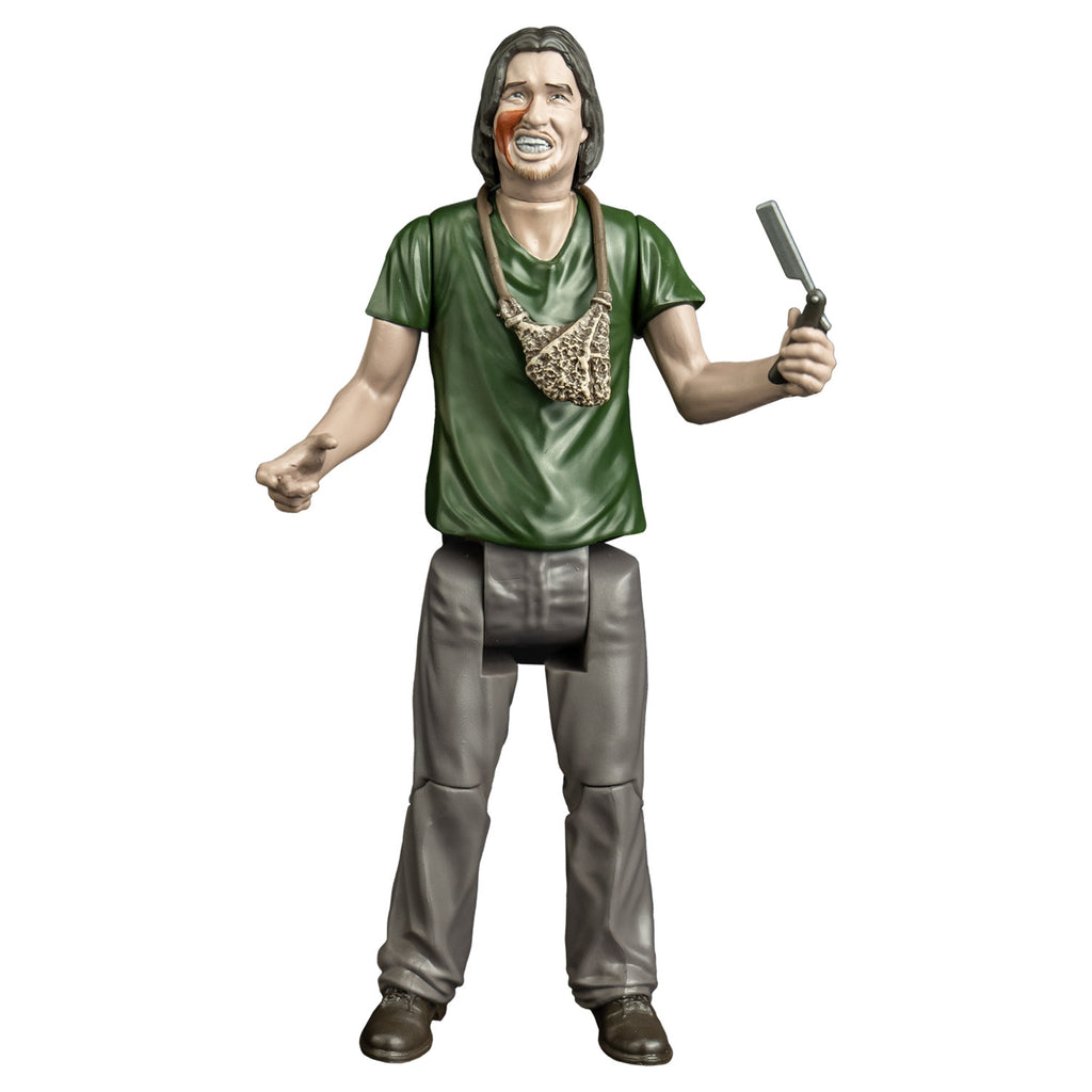 Action figure, front view.  man with mid-length brown hair, blood on right cheek,  mouth with lips open showing teeth.  handmade pouch hanging around his neck.  wearing a green t-shirt, gray pants and brown shoes.  Holding a straight razor in left hand.
