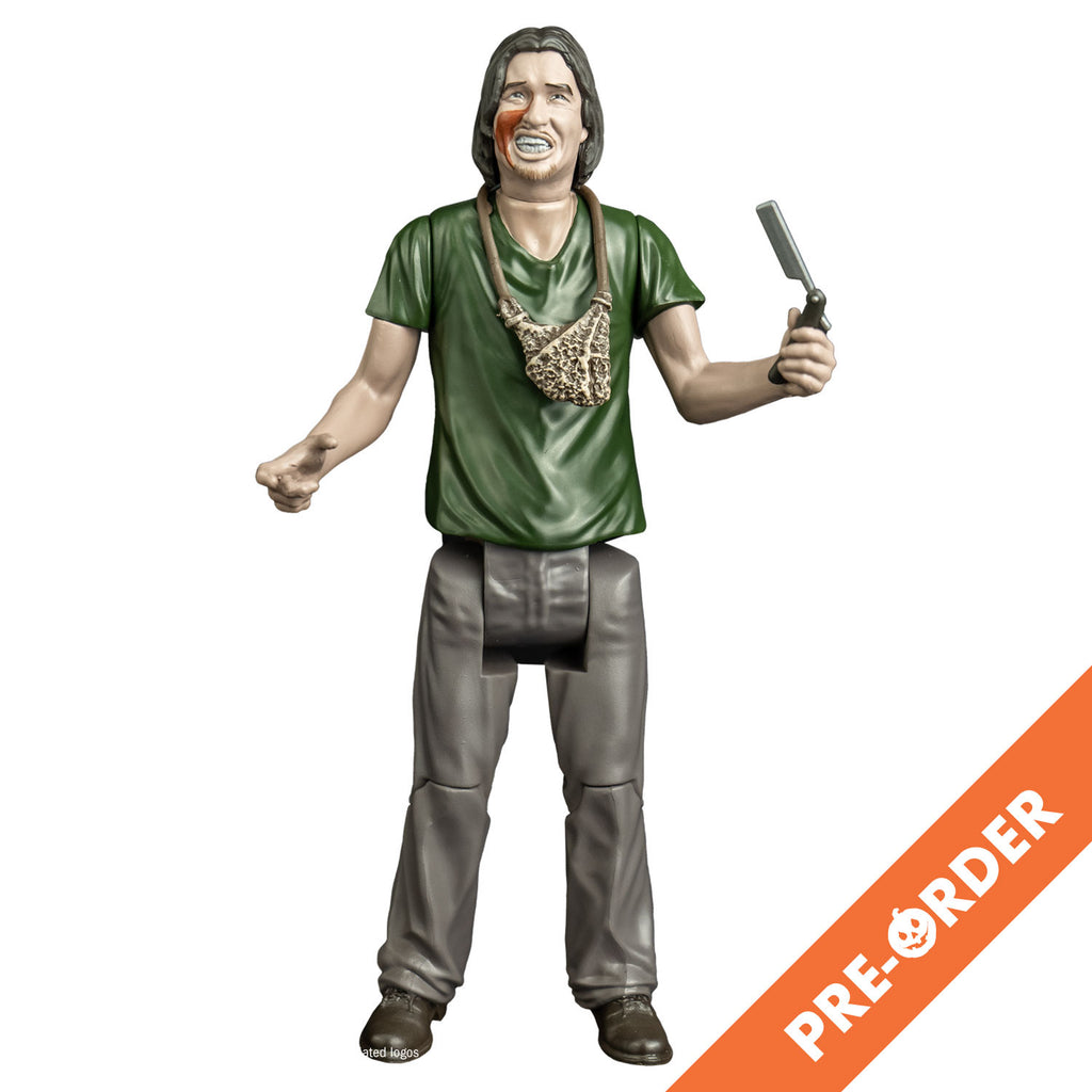 white background, orange diagonal banner at bottom right corner, white text reads pre-order.  Action figure, front view. man with mid-length brown hair, blood on right cheek, mouth with lips open showing teeth. handmade pouch hanging around his neck. wearing a green t-shirt, gray pants and brown shoes. Holding a straight razor in left hand.