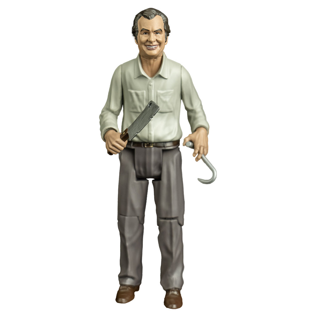 Action figure, front view. man with short gray hair, smiling and showing teeth.  wearing a white button-up shirt, gray pants and brown shoes. Holding a meat hook in left hand and a meat cleaver in right hand