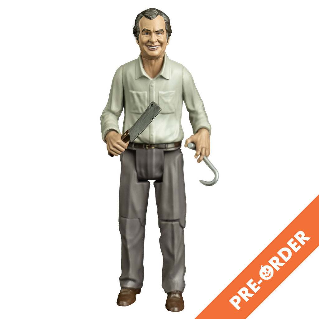 white background, orange diagonal banner at bottom right corner, white text reads pre-order.  Action figure, front view. man with short gray hair, smiling and showing teeth. wearing a white button-up shirt, gray pants and brown shoes. Holding a meat hook in left hand and a meat cleaver in right hand