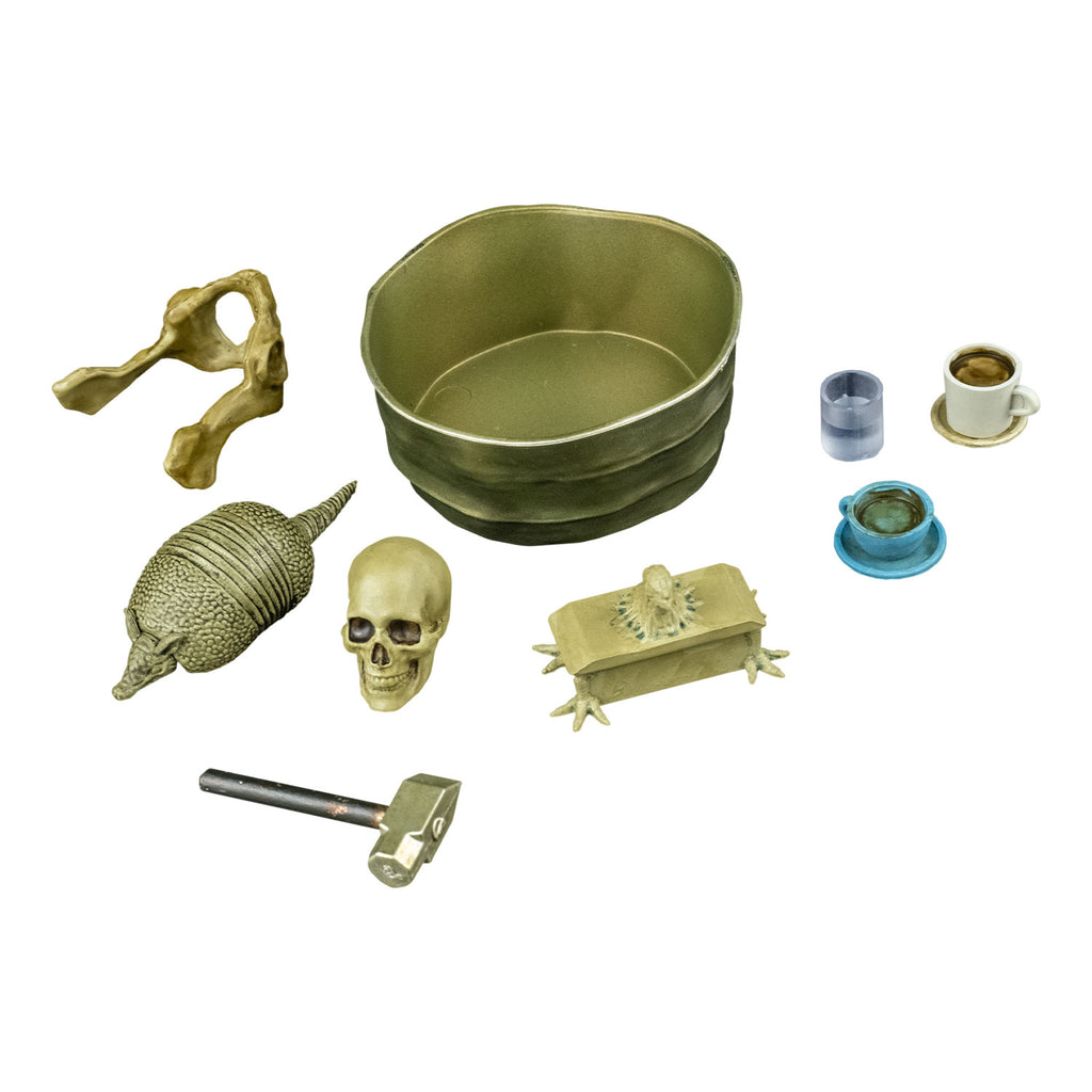 accessories. pelvic bone, washtub, cup, coffee mug, Armadillo, skull, box and sledge hammer.  