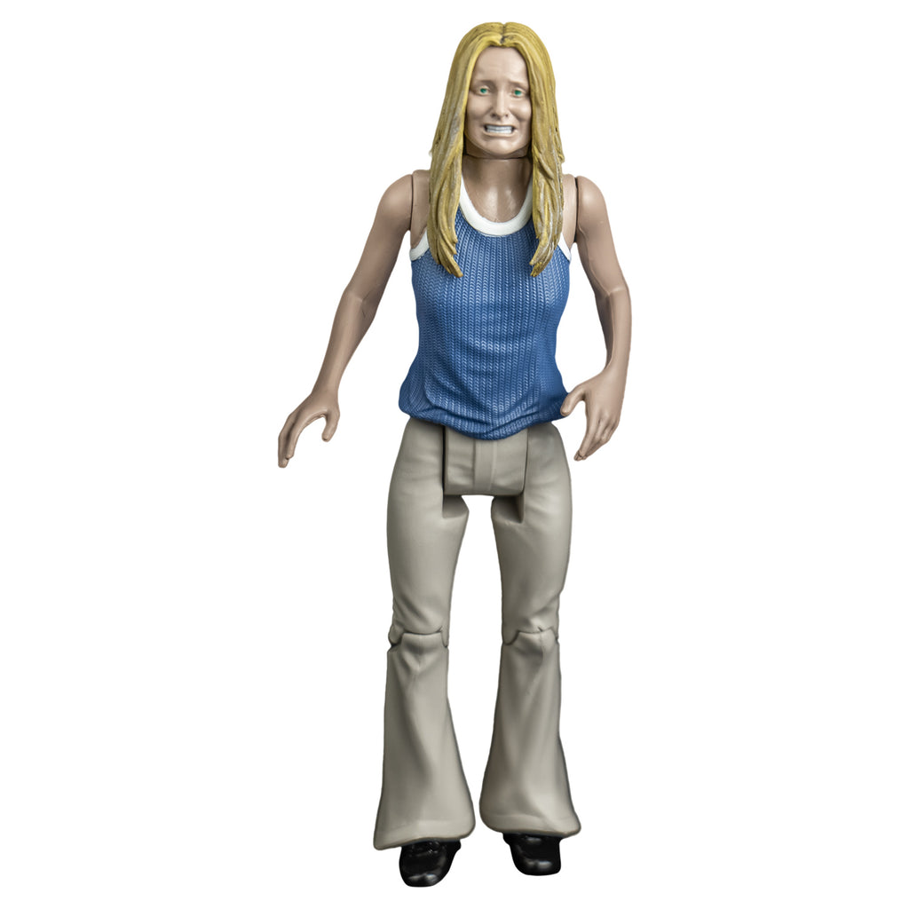 Sally figure, front view. Blond woman, grimace on face, blue and white tank top, tan flare-legged pants. 