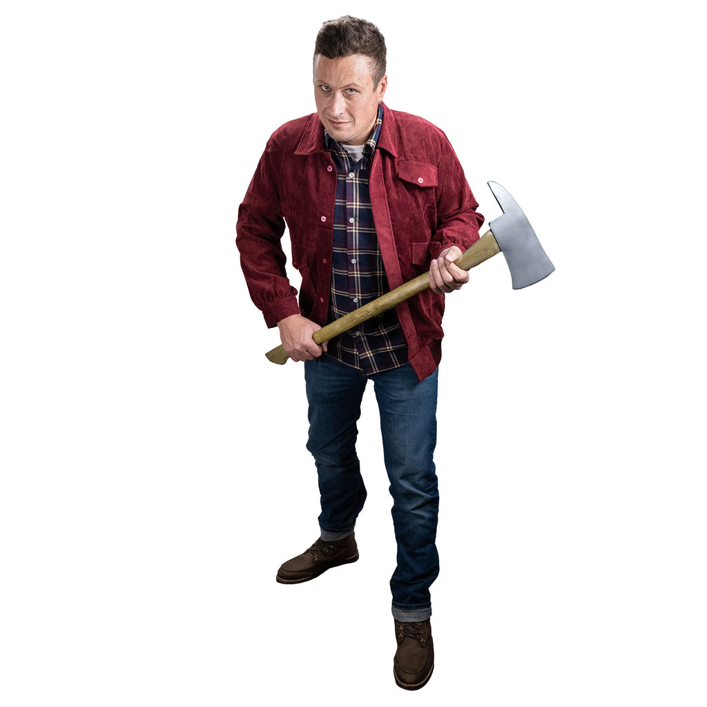 Costume front view.  Man with short hair holding axe.  Dark red jacket, plaid button up shirt costume.  Blue jeans and brown boots.