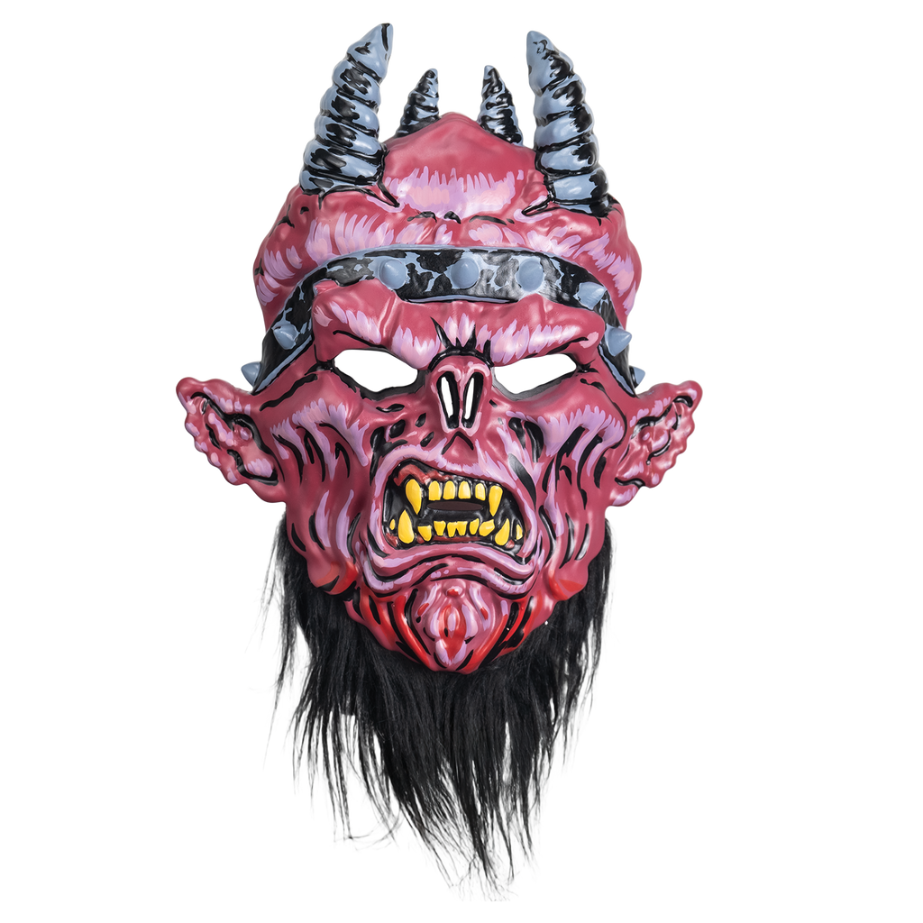 Mask, front view.  Red and pink demon-like face, wrinkled flesh.  4 gray and black horns on head.  black headband with silver spikes.  furrowed brow, snout-like nose, large pointed ears.  mouth open in a snarl, large yellow teeth and fangs.  black beard below chin