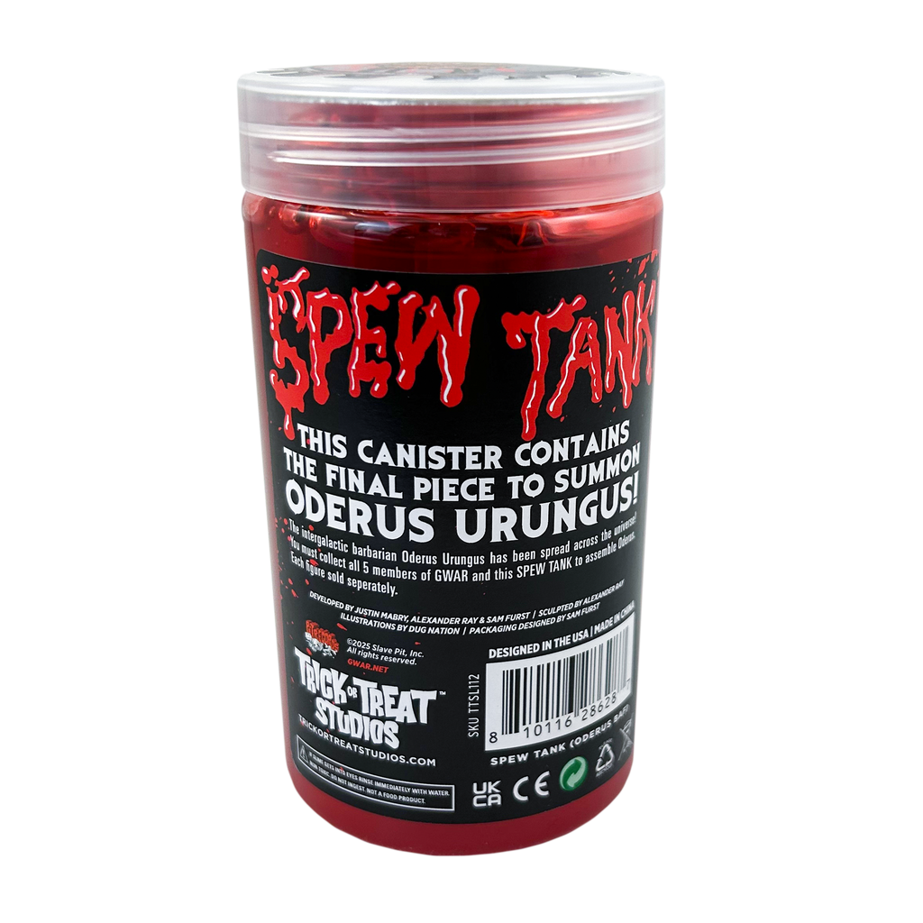 back view, clear plastic jar, filled with red substance. red text reads Spew Tank, white text reads this canister contains the final piece to summon Oderus Urungus.  Manufacturing and licensing information