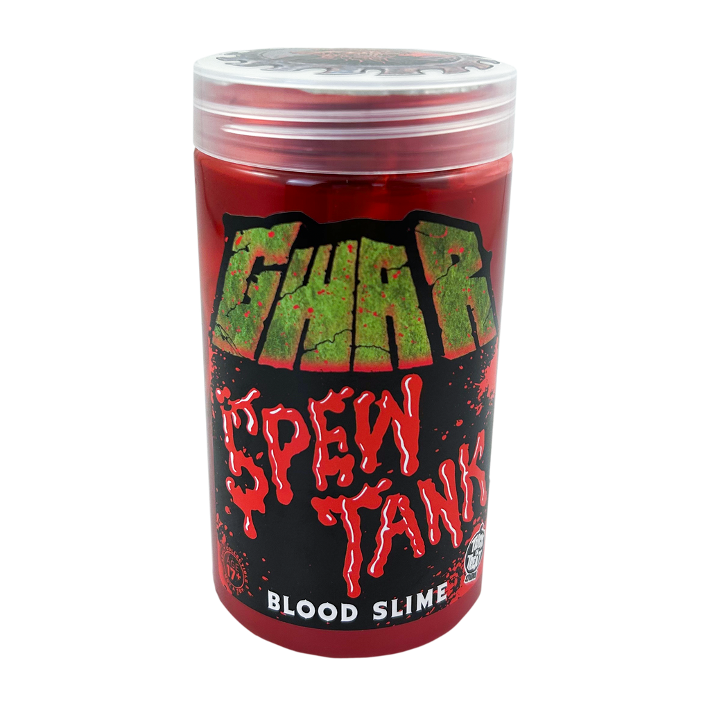 front view, clear plastic jar, filled with red substance. Green text reads GWAR, red text reads Spew Tank, white text reads Blood slime.  Black and white Trick or Treat studios logo at bottom right