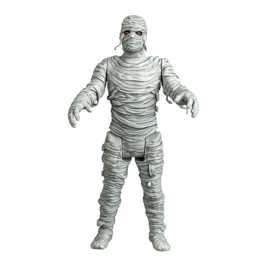 Mummy figure, front view. white bandaged head red eyes, black eye sockets. Black on tip of nose. body fully wrapped in white bandages.  arms outstretched to the front.