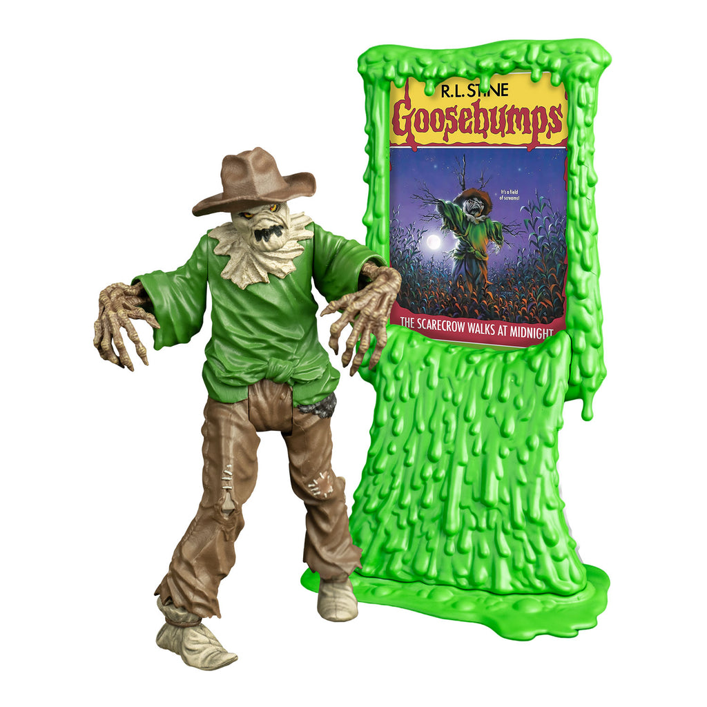 goosebumps scarecrow figure, front view.  Wearing a brown hat, burlap over head and neck, yellow eyes, jagged black mouth. Green shirt, light brown patched pants, cloth shoes tied around ankles.  Skeletal tan arms with long fingers and sharp claws. shown next to Green slime book card stand