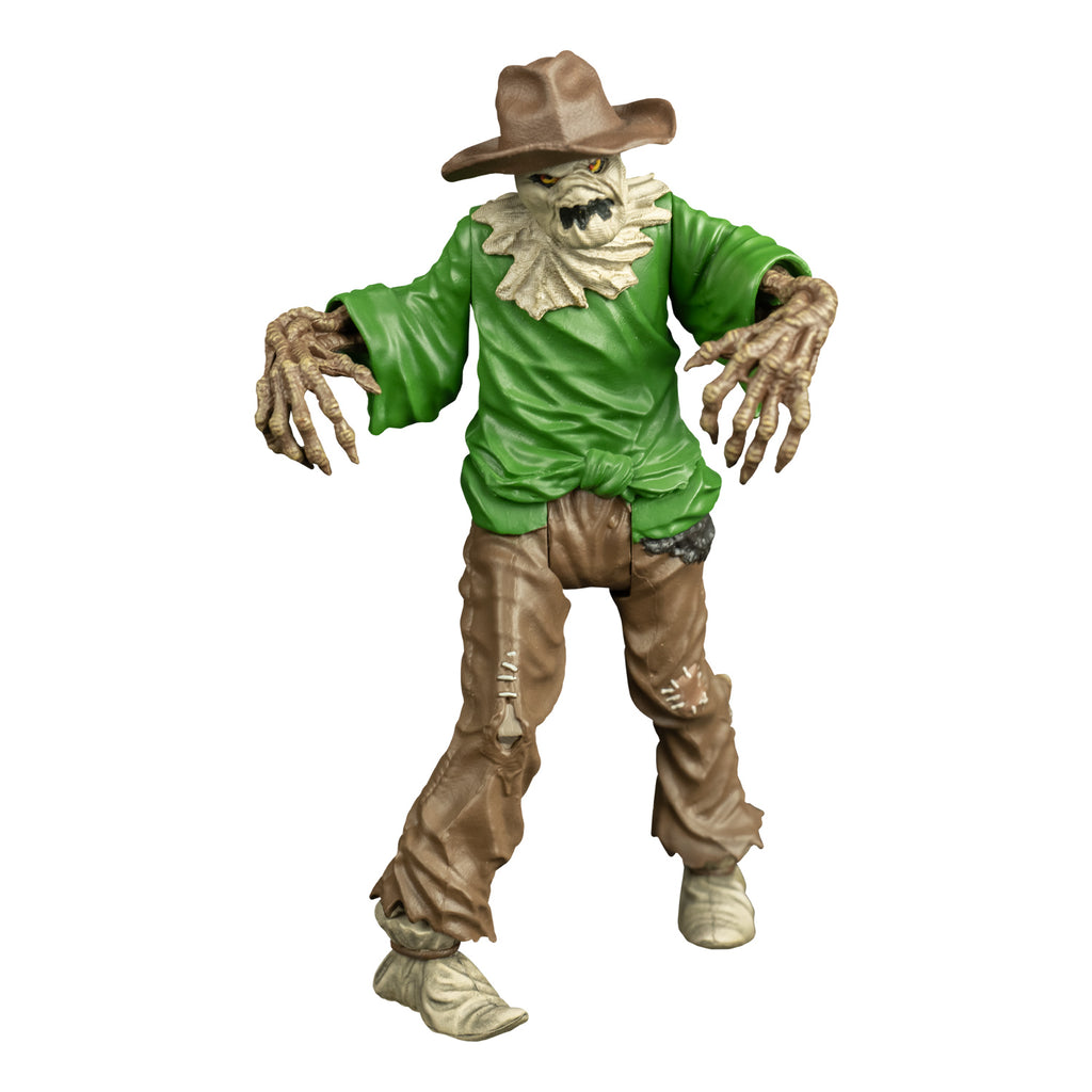 goosebumps scarecrow figure, front view.  Wearing a brown hat, burlap over head and neck, yellow eyes, jagged black mouth. Green shirt, light brown patched pants, cloth shoes tied around ankles.  Skeletal tan arms with long fingers and sharp claws.