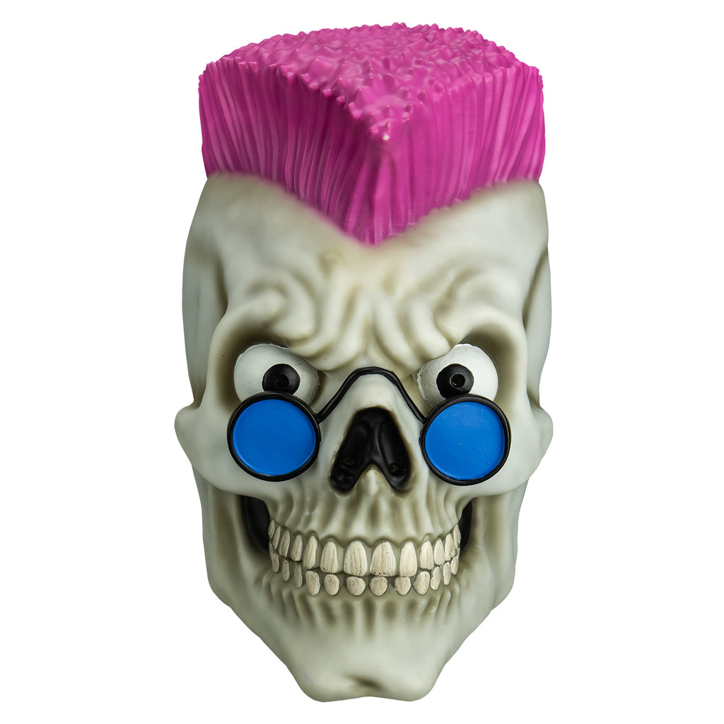 Mask, front view.  white grinning skull face, pink mohawk, large eyes, wearing blue round sunglasses.