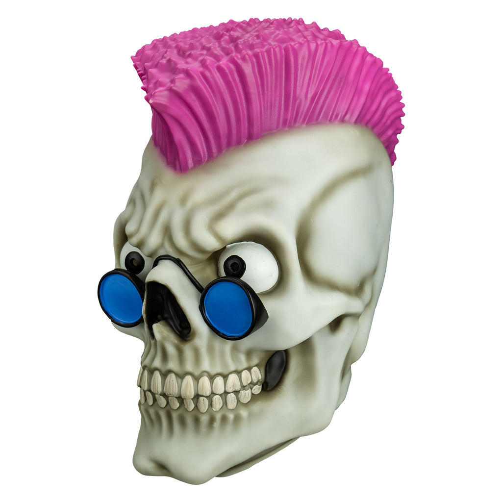 Mask, left side view. white grinning skull face, pink mohawk, large eyes, wearing blue round sunglasses.