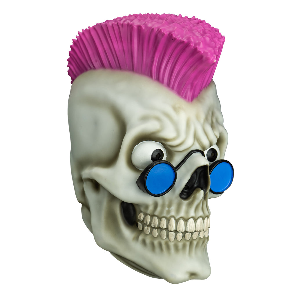 Mask, right side view. white grinning skull face, pink mohawk, large eyes, wearing blue round sunglasses.