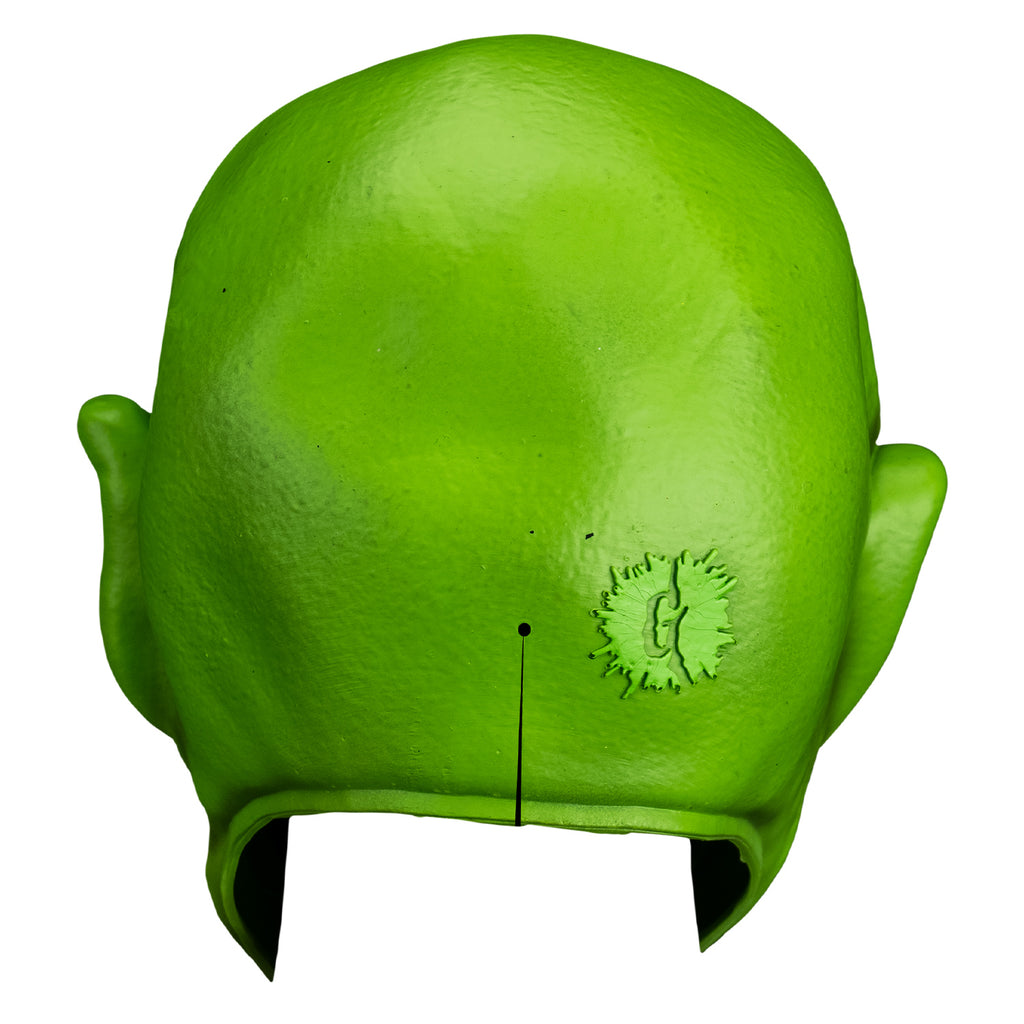 back view. Bright green skin, no hair. large ears. slit in back at bottom center.  stamped logo G