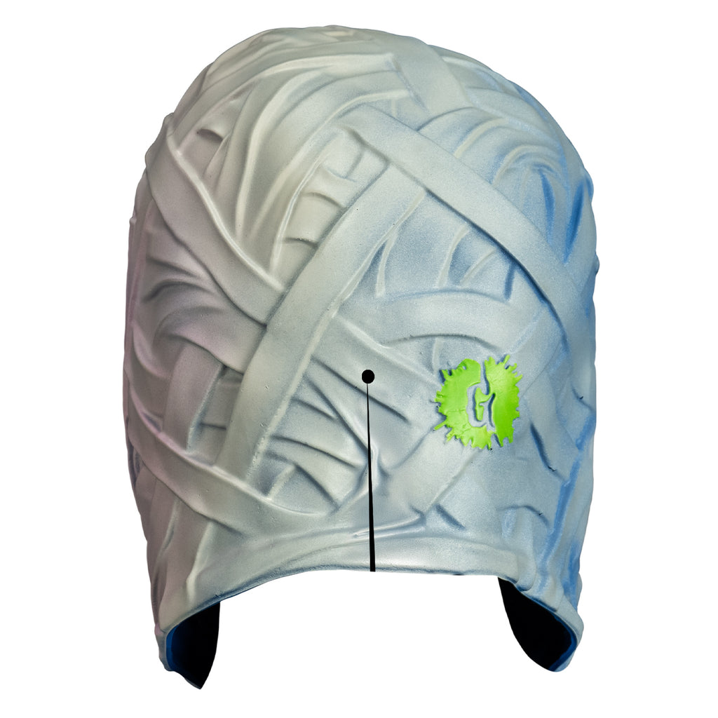 mask, back view. white bandaged head, slit at bottom center, embossed G logo in green splatter spot.