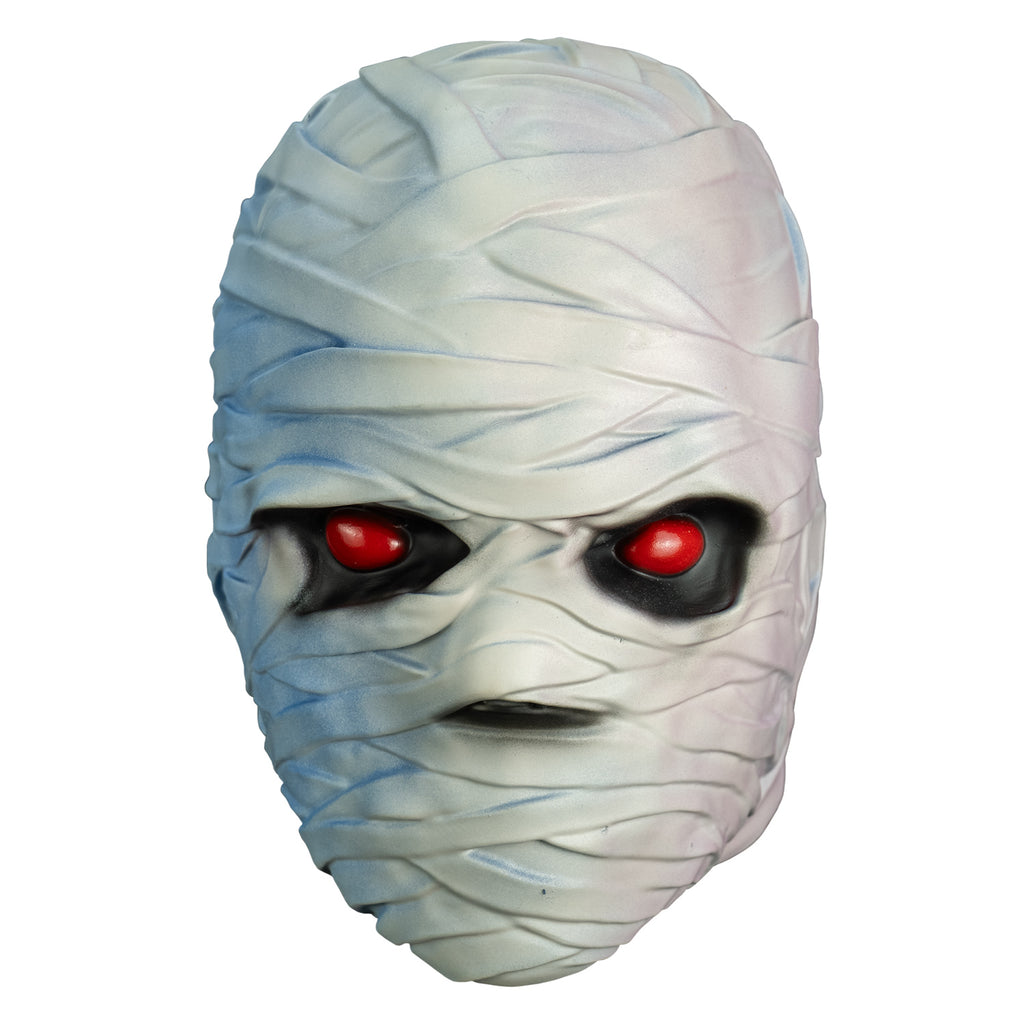 mask, front view.  white bandaged head red eyes, black eye sockets. Black on tip of nose