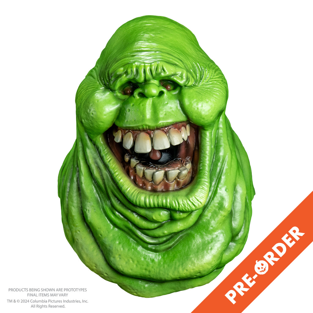 White background, orange diagonal banner bottom right, white text reads pre-order. Mask front view. Bright green ghost head and neck, lumpy blob with small eyes and nose, large open mouth showing large square teeth.