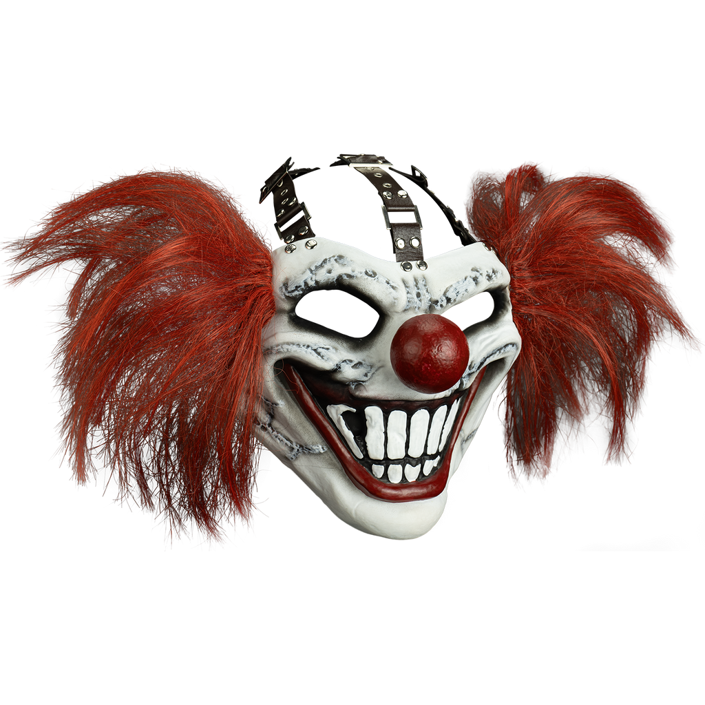 mask, right view.  Menacing clown face white makeup black around eyeholes, red round nose, large grin with red lips and large white teeth.  3 black straps with silver brads and buckles across top of head, large red tufts of hair on both sides.