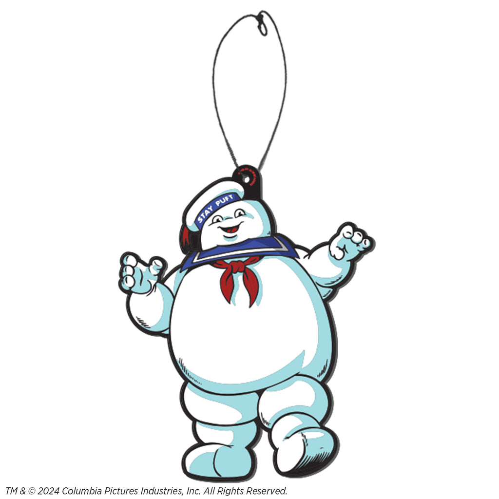 Fear Freshener.  Round white head, large eyes with large black pupils, mouth open in a smile showing red tongue. White hat cocked to the side on the right side of the head, blue band with white text reads Stay Puft, red ribbon tassel at top center of hat.  Blue sailor collar, red neckerchief.  Plump round body, legs, and arms.